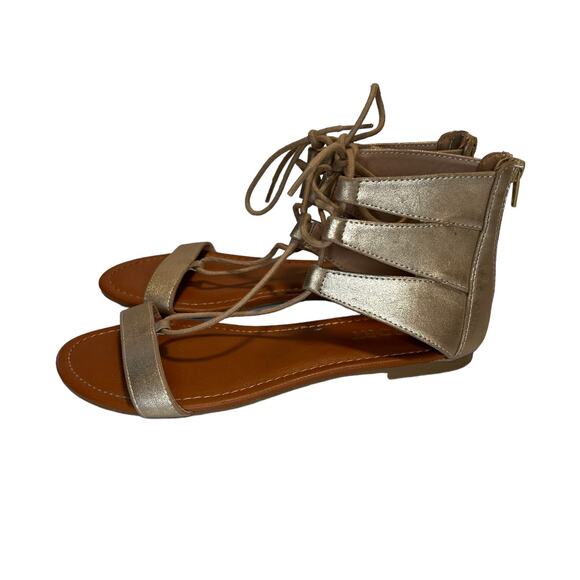 Report Gia Metallic Gold Lace Up Gladiator Flat Sandals Size 8 Zip Back Closure - Picture 5 of 9